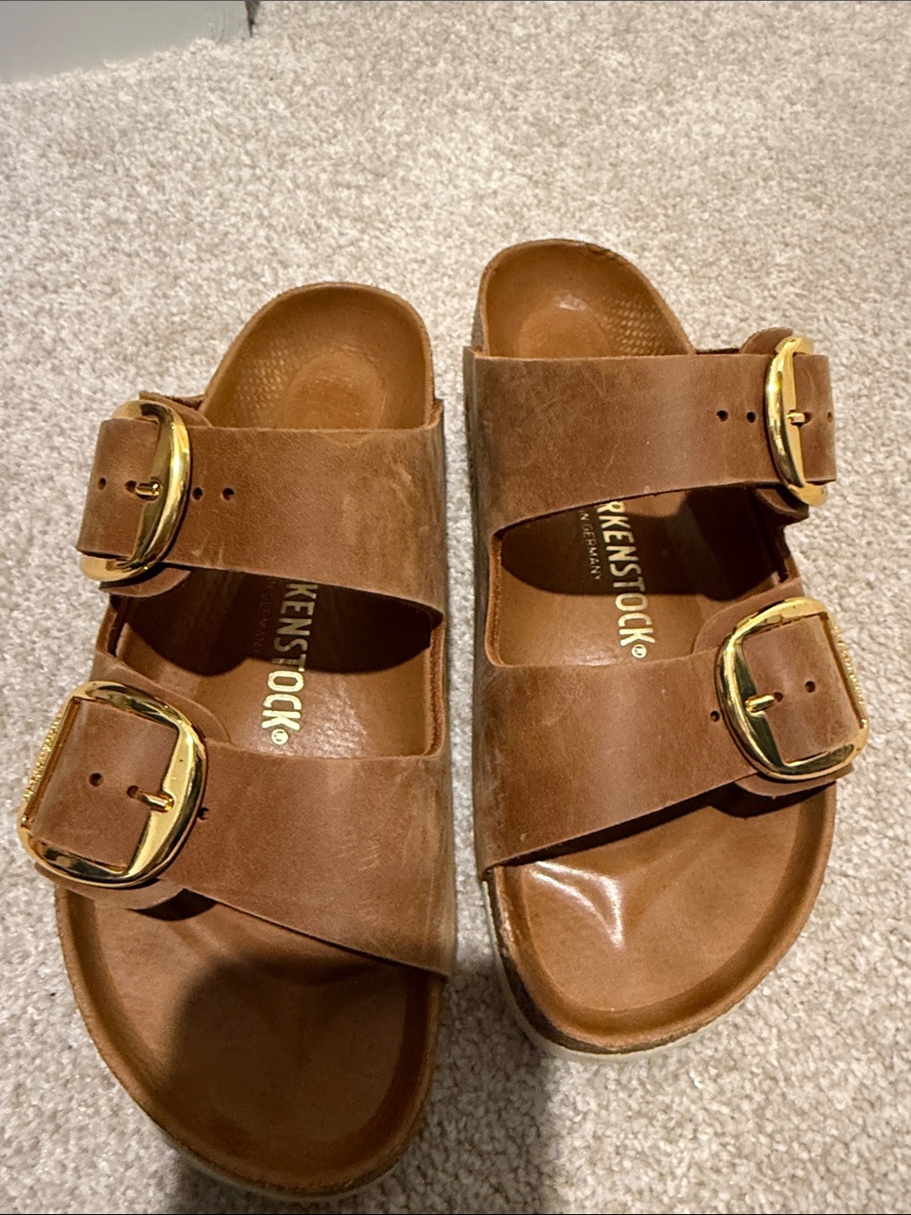 Birkenstock Women’s Tan Arizona Double-Strap Sandals with Big Gold Buckles - Picture 2 of 3